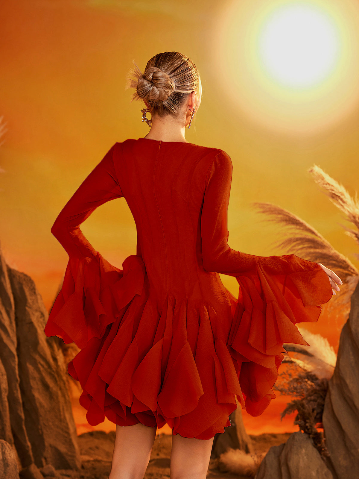 Faldrex Flare Sleeve Ruffle Mini Dress In Wine