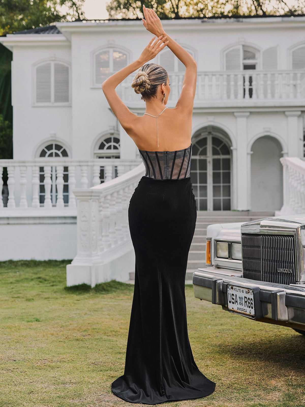Gerlind Strapless Rhinestone Velvet Maxi Dress