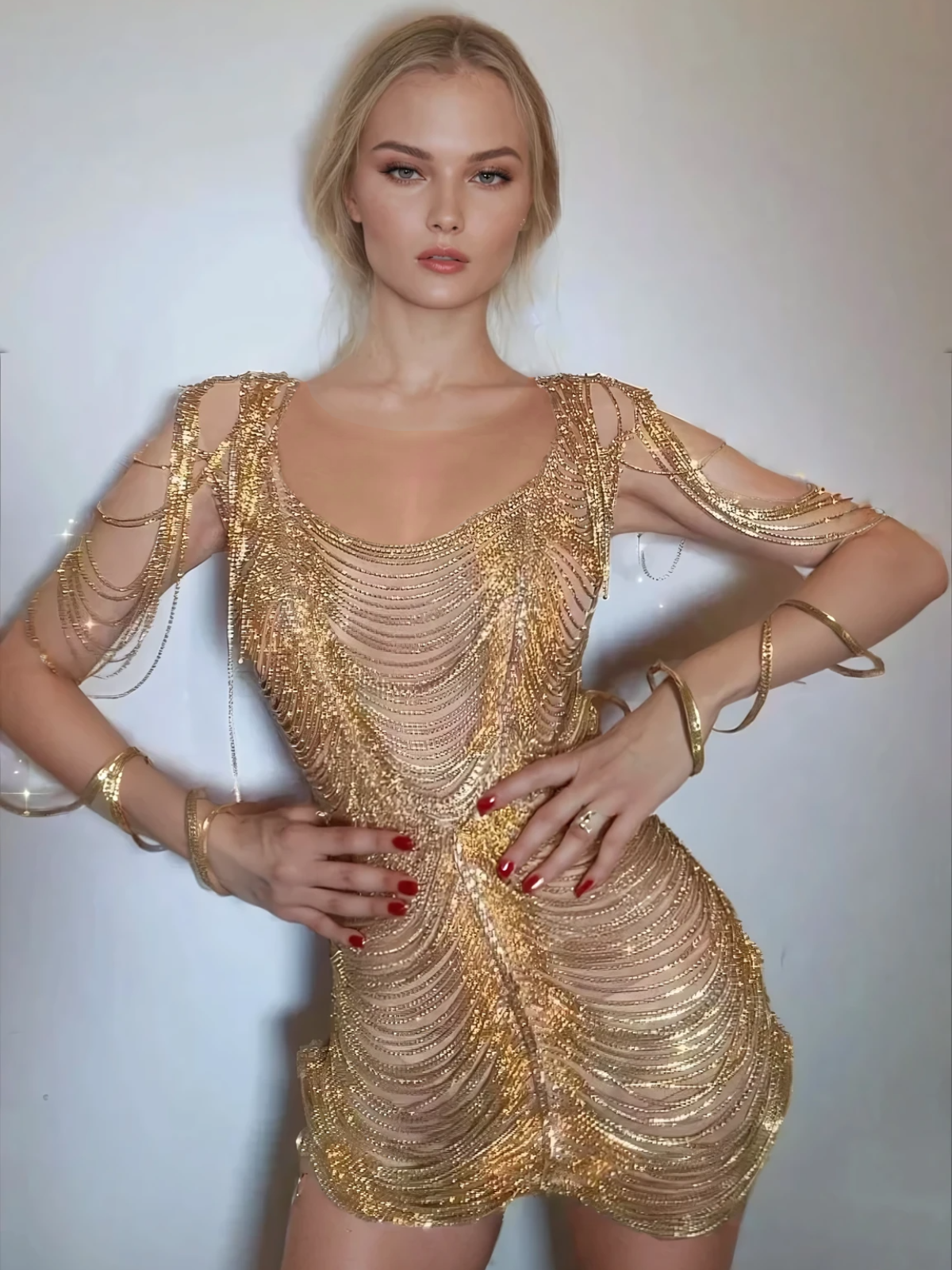 Janison Diamond Chain Mesh Mini Dress In Gold