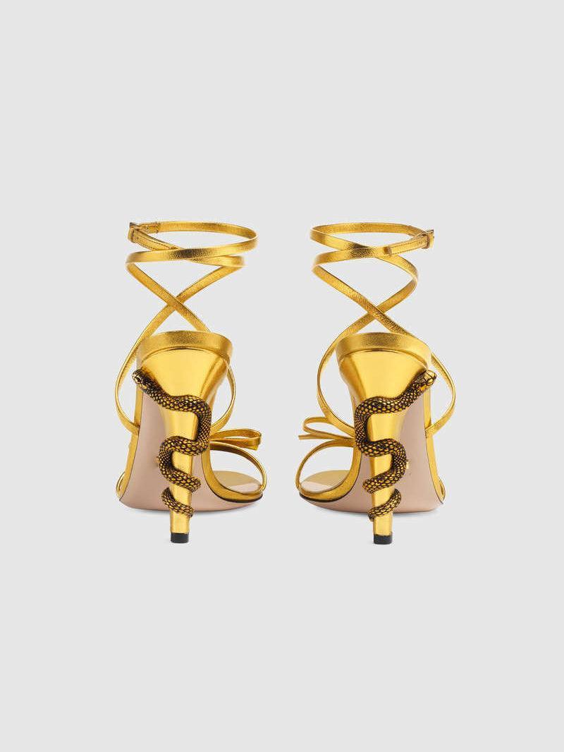 Juliette Metallic Snake Heel Sandals In Gold