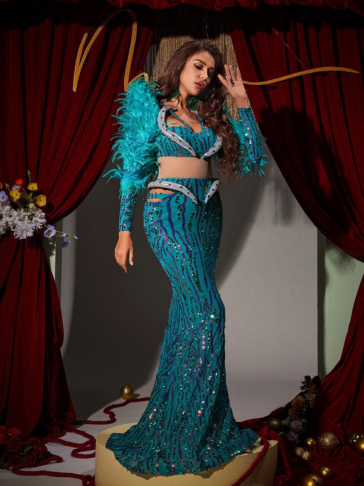 Jurin Snake Rhinestone Feather Maxi Dress