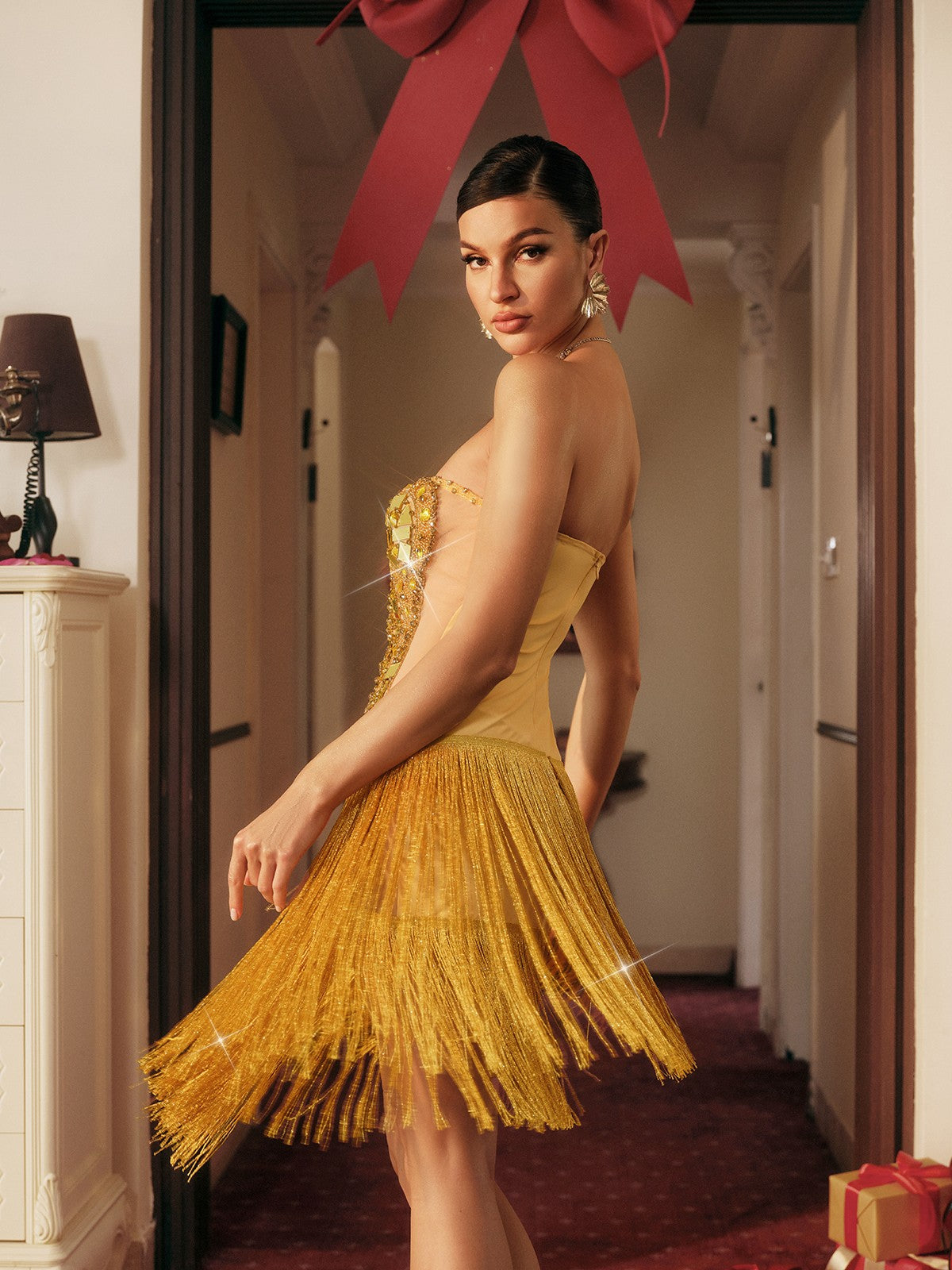 Kaidee Strapless Fringe Acrylic Midi Dress