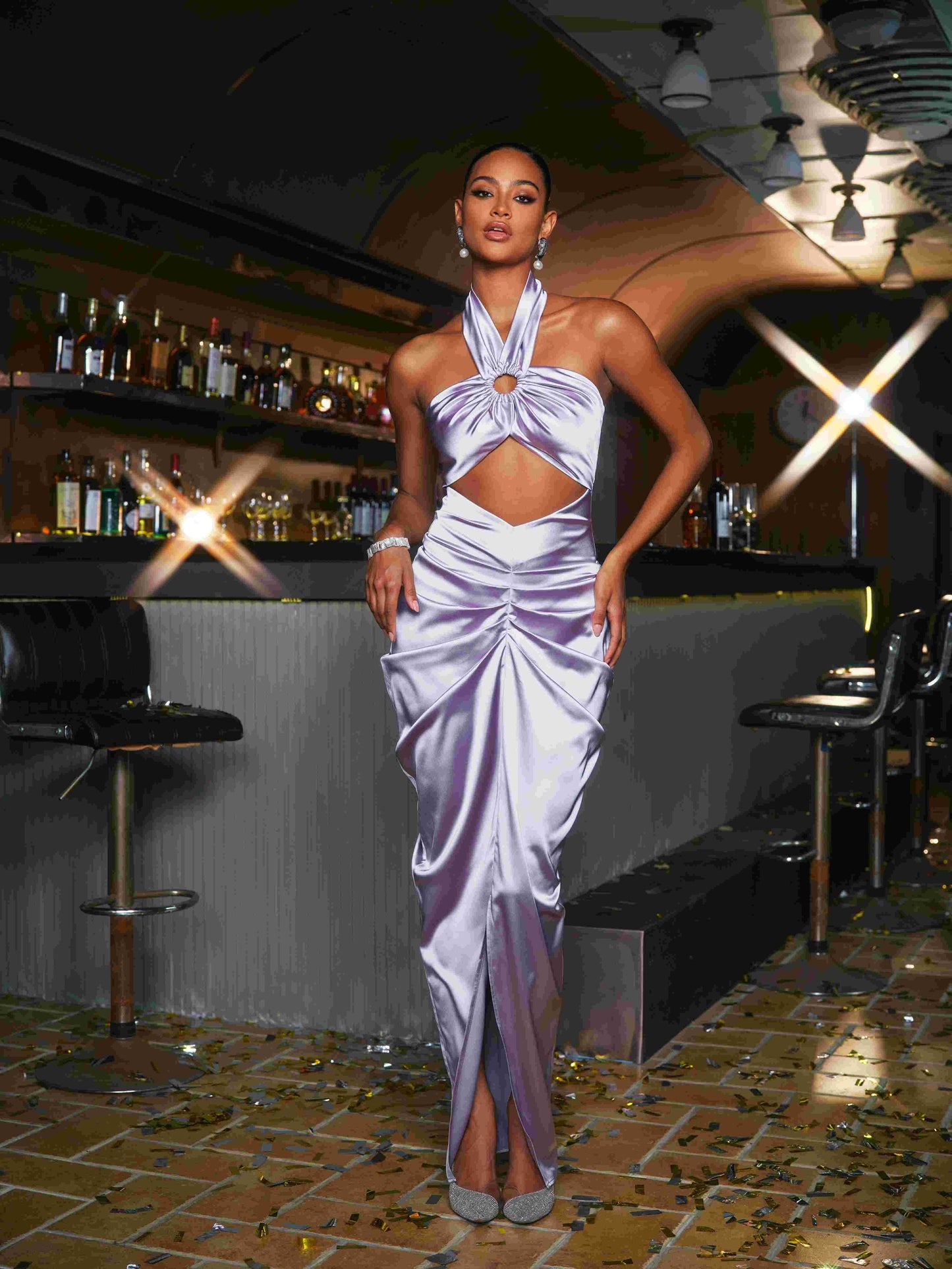 Kaily Halterneck Cutout Satin Maxi Dress