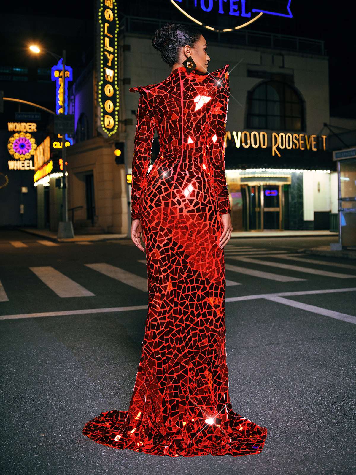 Kellan Long Sleeve Embellished Split Maxi Dress In Red