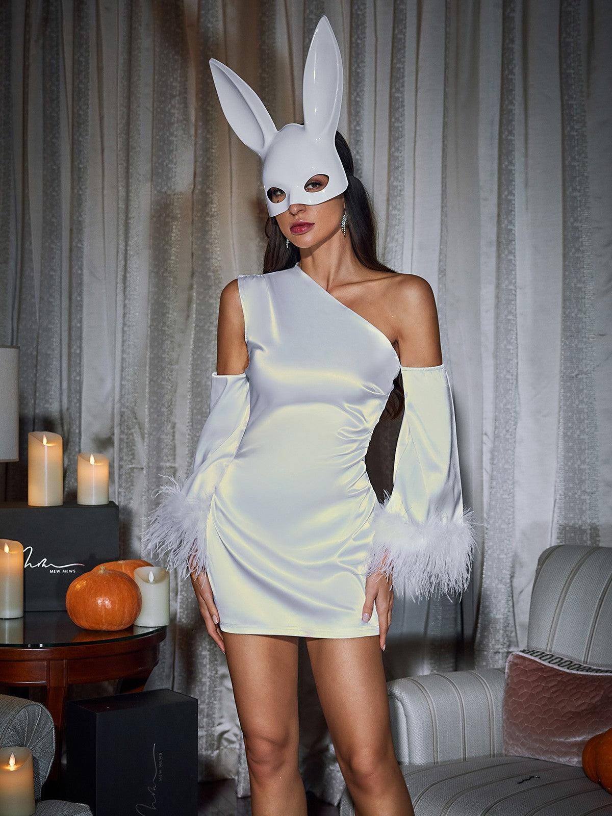 Klara Satin Feather Trimmed Mini Dress In White