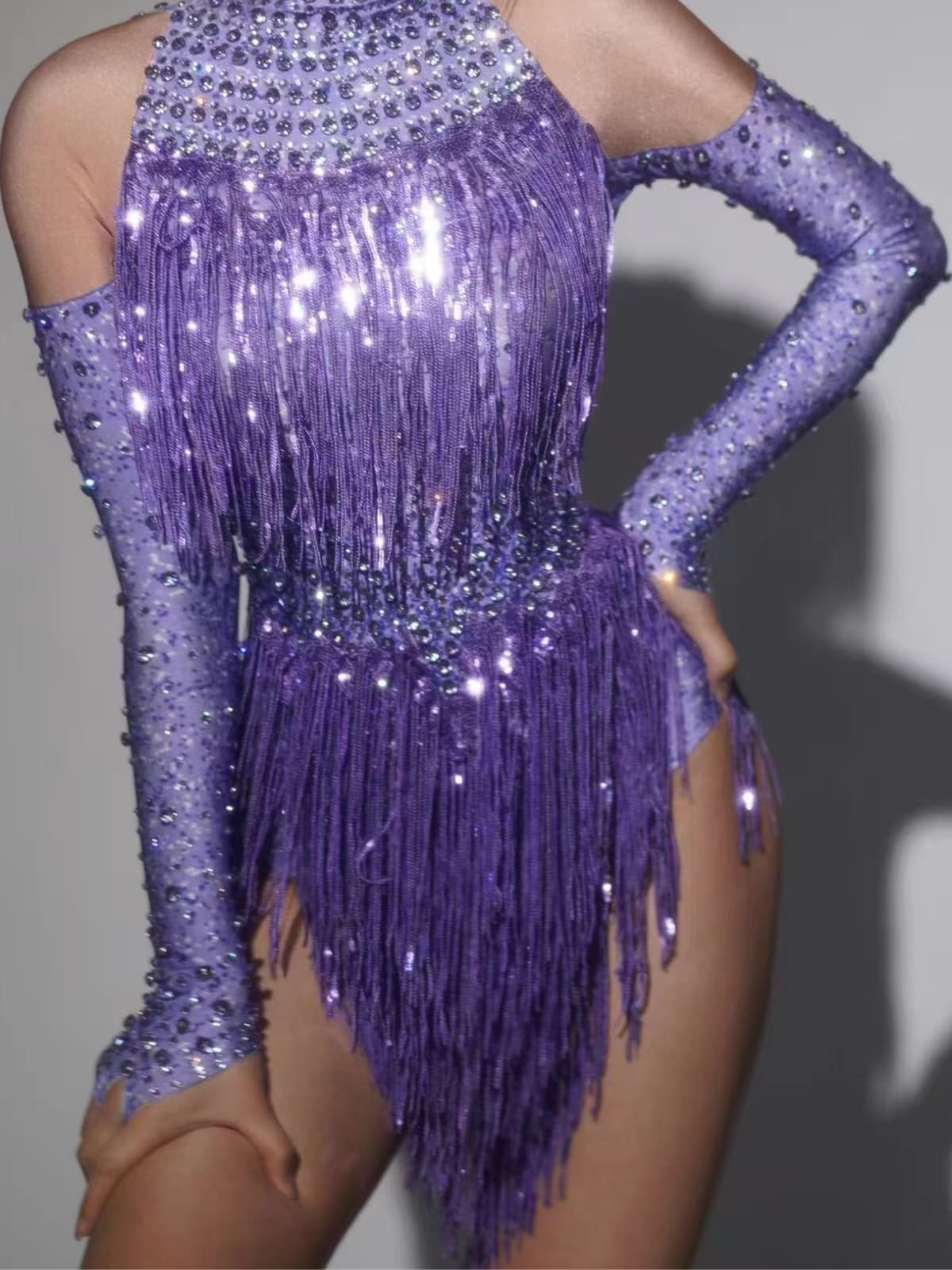 Lakendra Long Sleeve Crystal Fringe Bodysuit In Purple