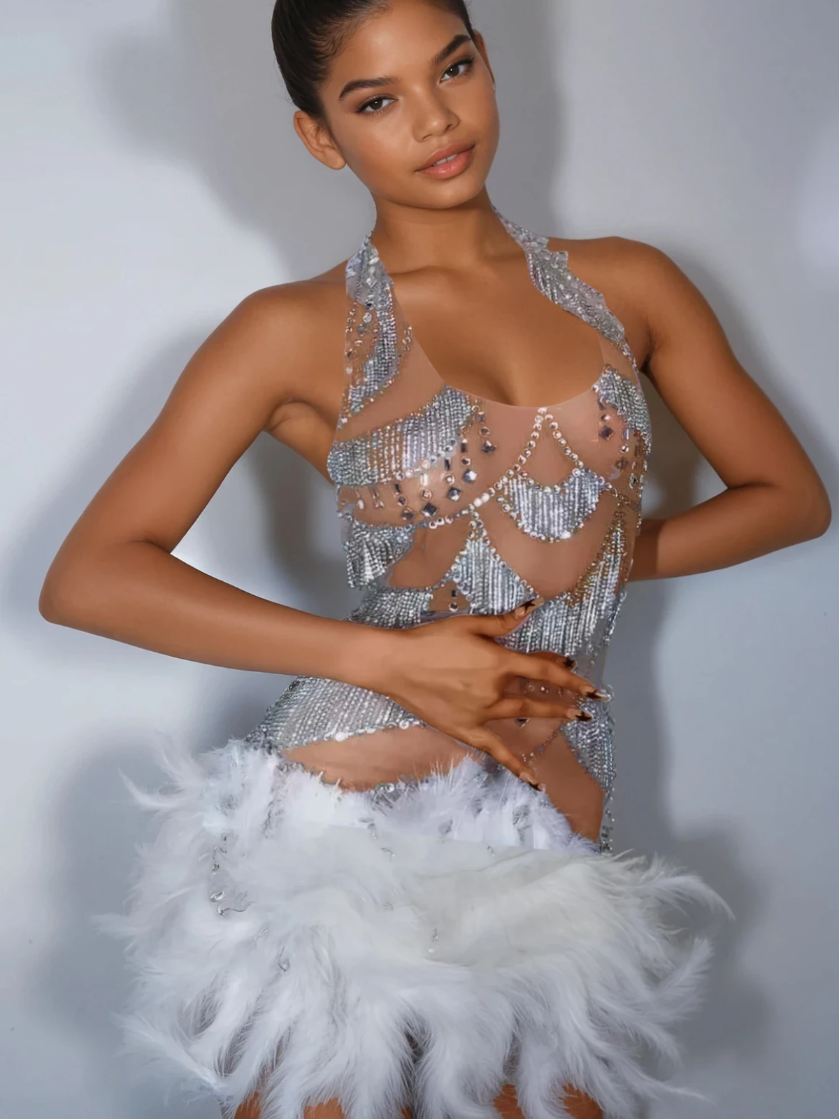 Lavali Halterneck Crystal Feather Mini Dress