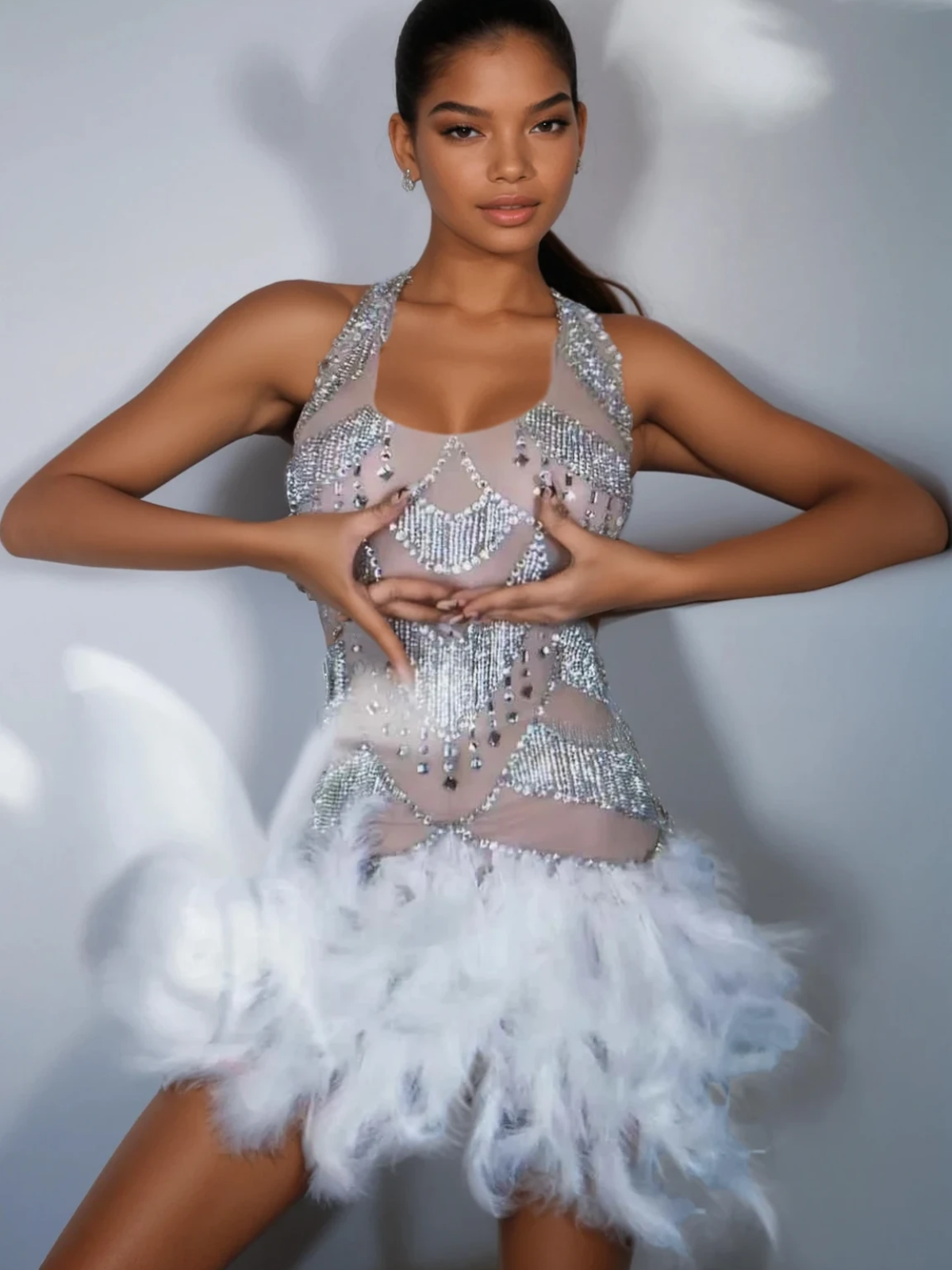 Lavali Halterneck Crystal Feather Mini Dress