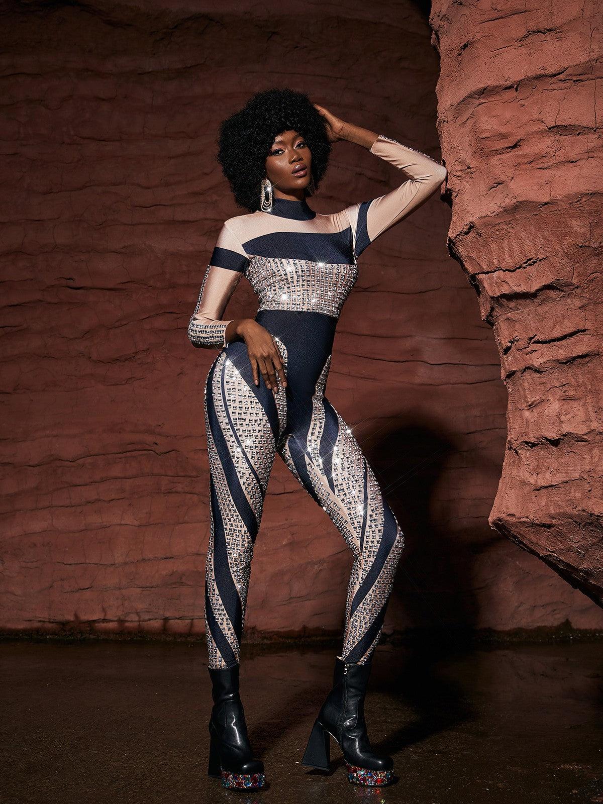 Leatrice Square Rhinestone Stripe Jumpsuit