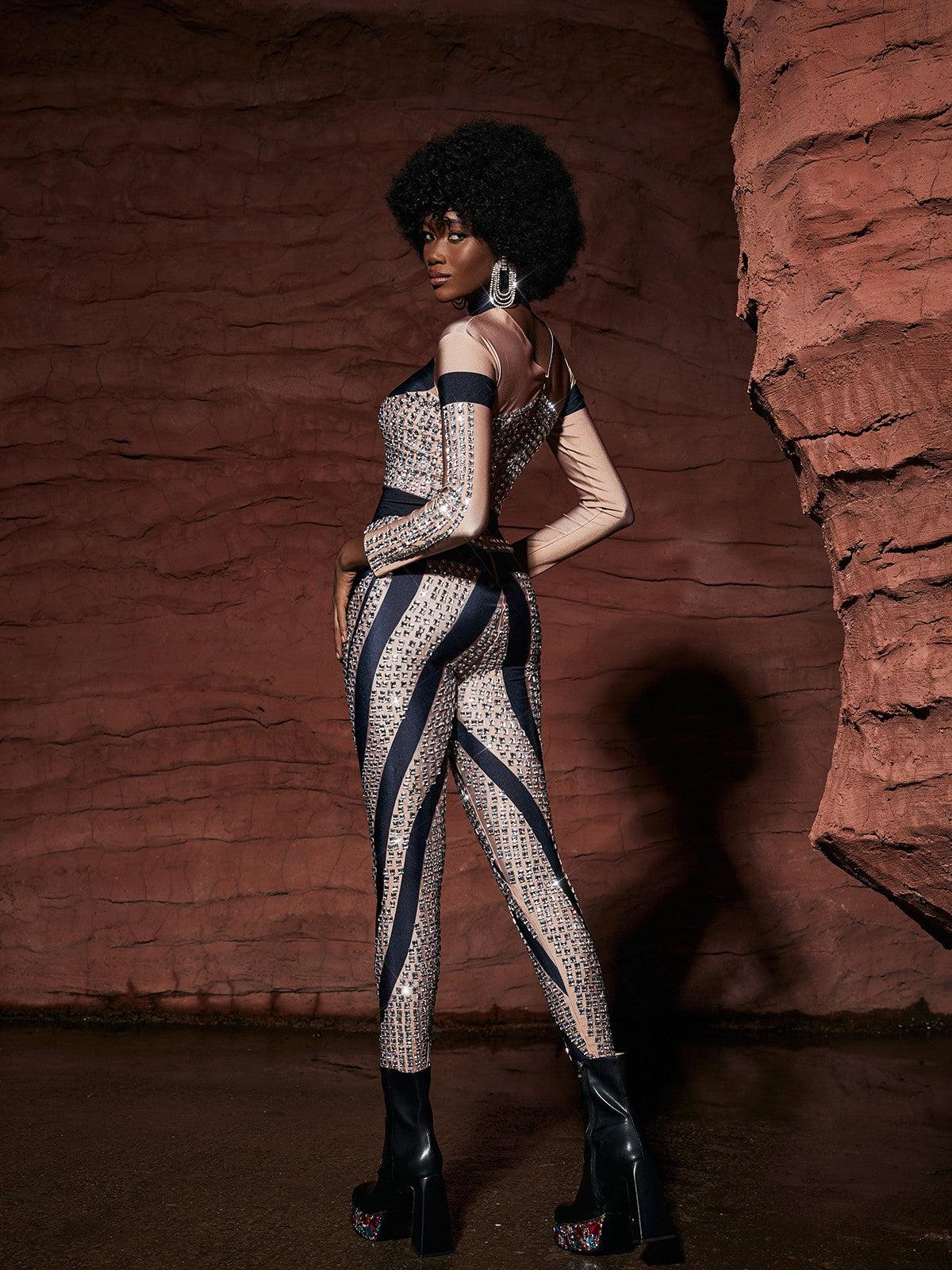 Leatrice Square Rhinestone Stripe Jumpsuit