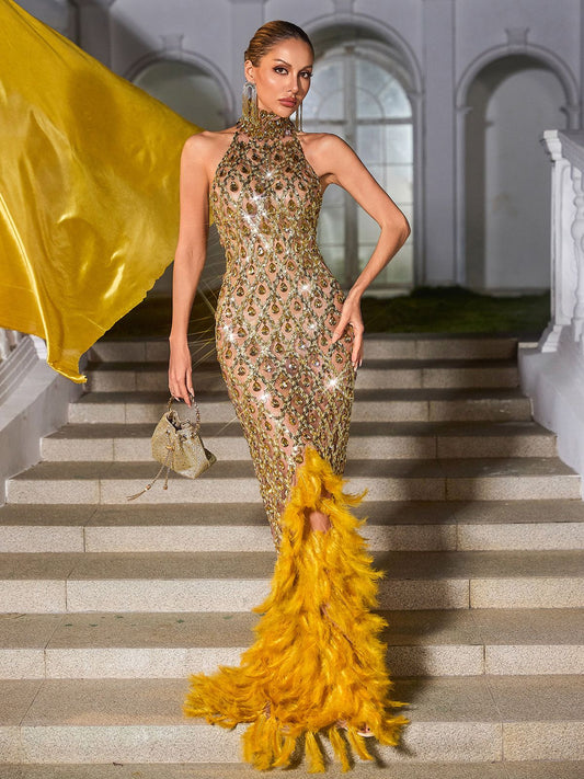 Liora Crystal Feather Mesh Maxi Dress In Gold