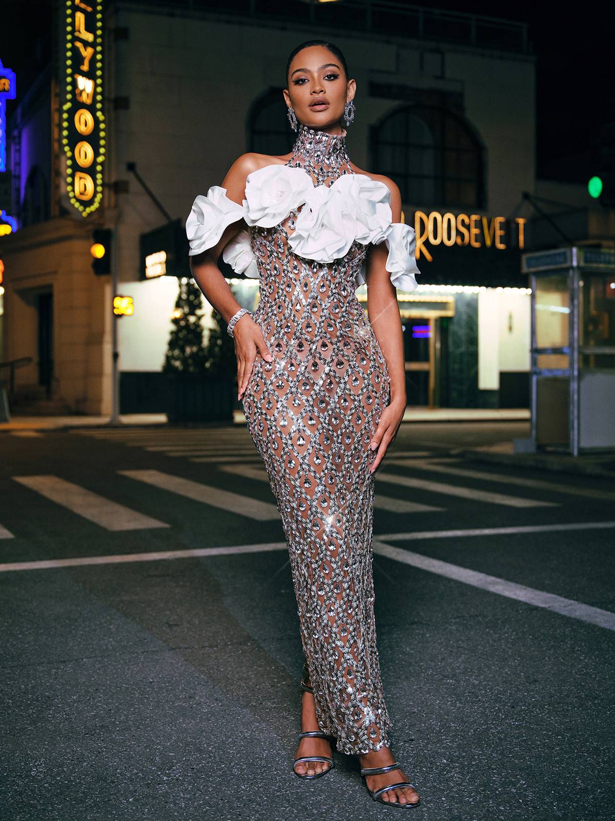 Liora Flower Sequin Crystal Maxi Dress