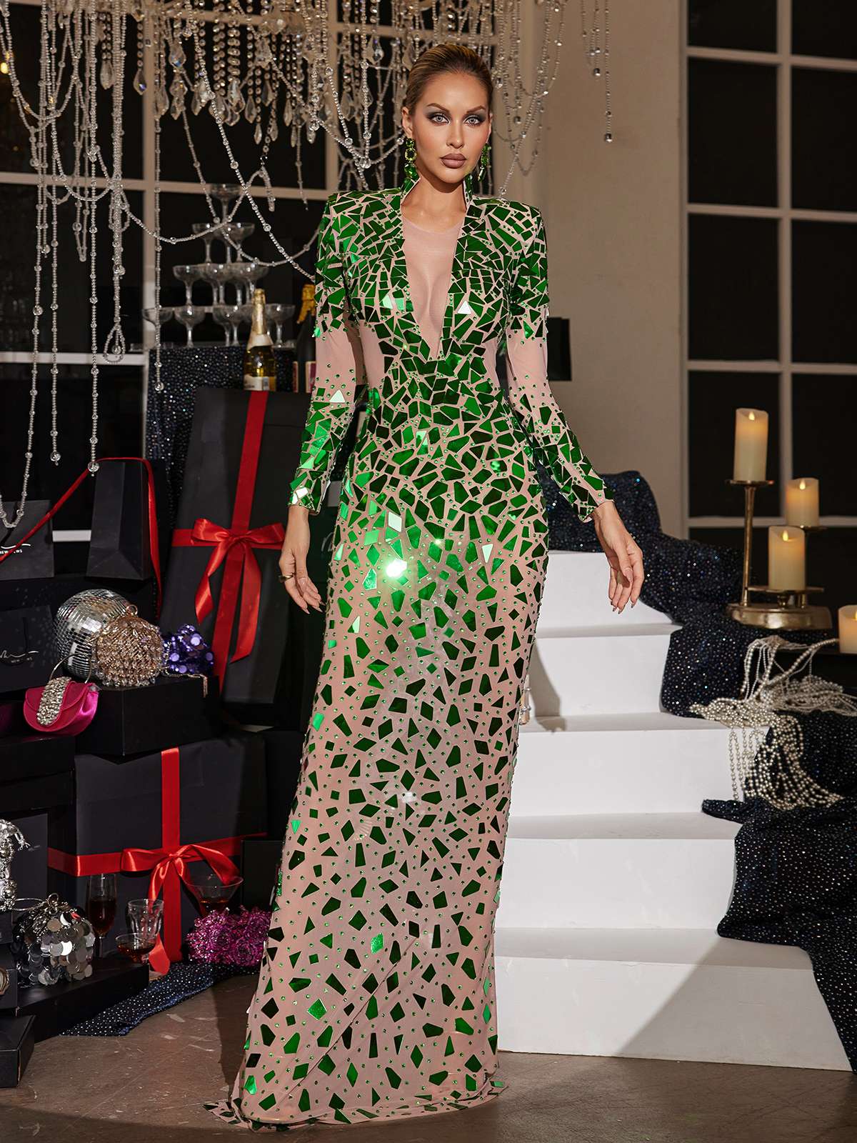 Livine Acrylic Embellished Mesh Maxi Dress