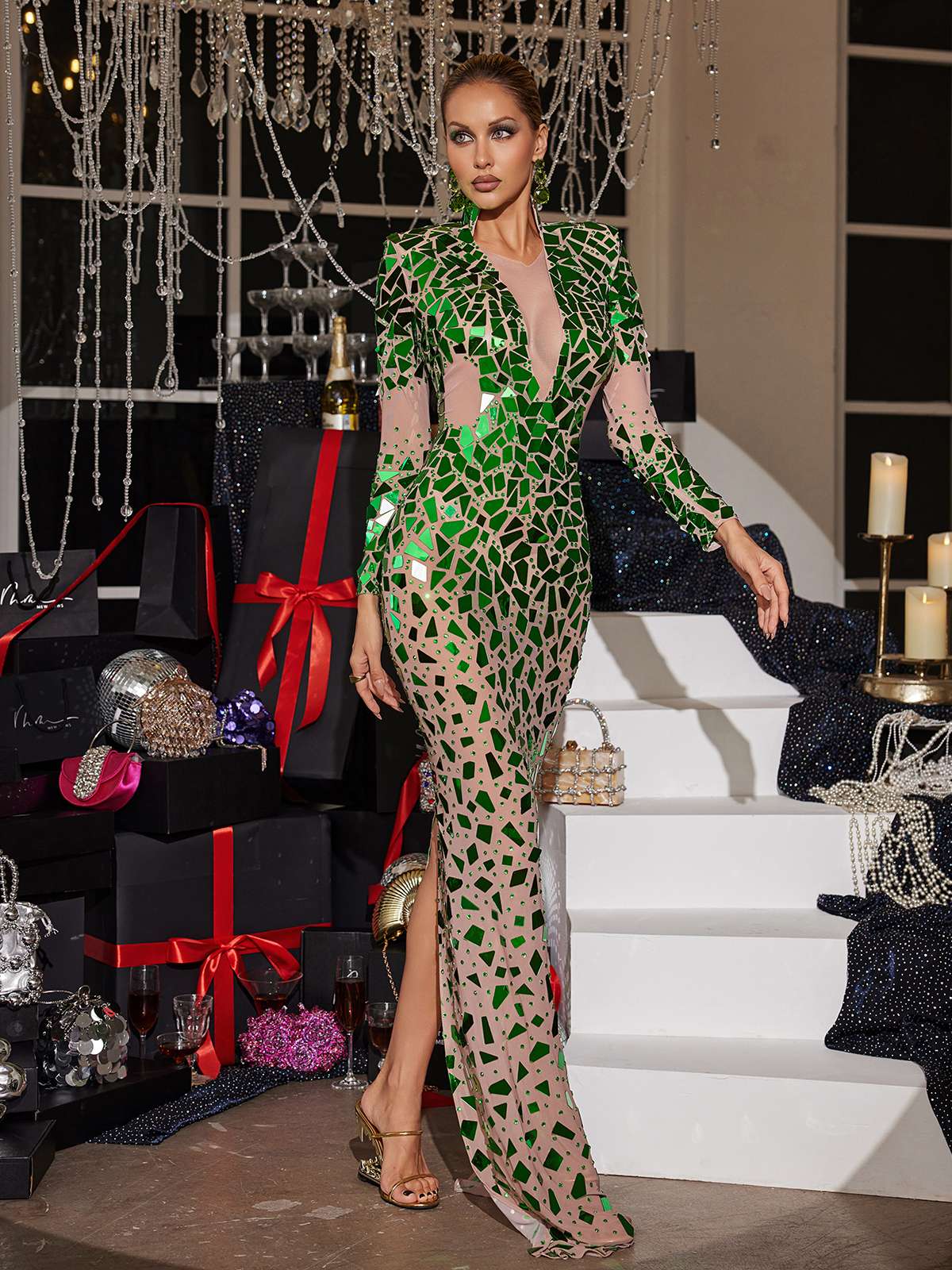 Livine Acrylic Embellished Mesh Maxi Dress