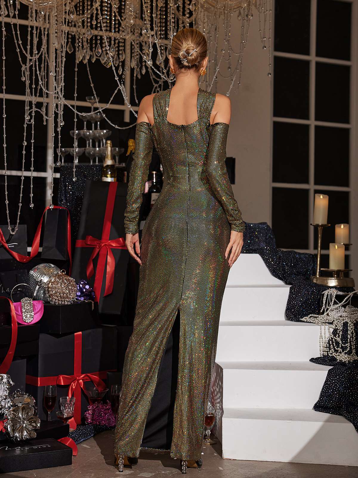 Lowen Flower Cutout Sequin Maxi Dress In Olive