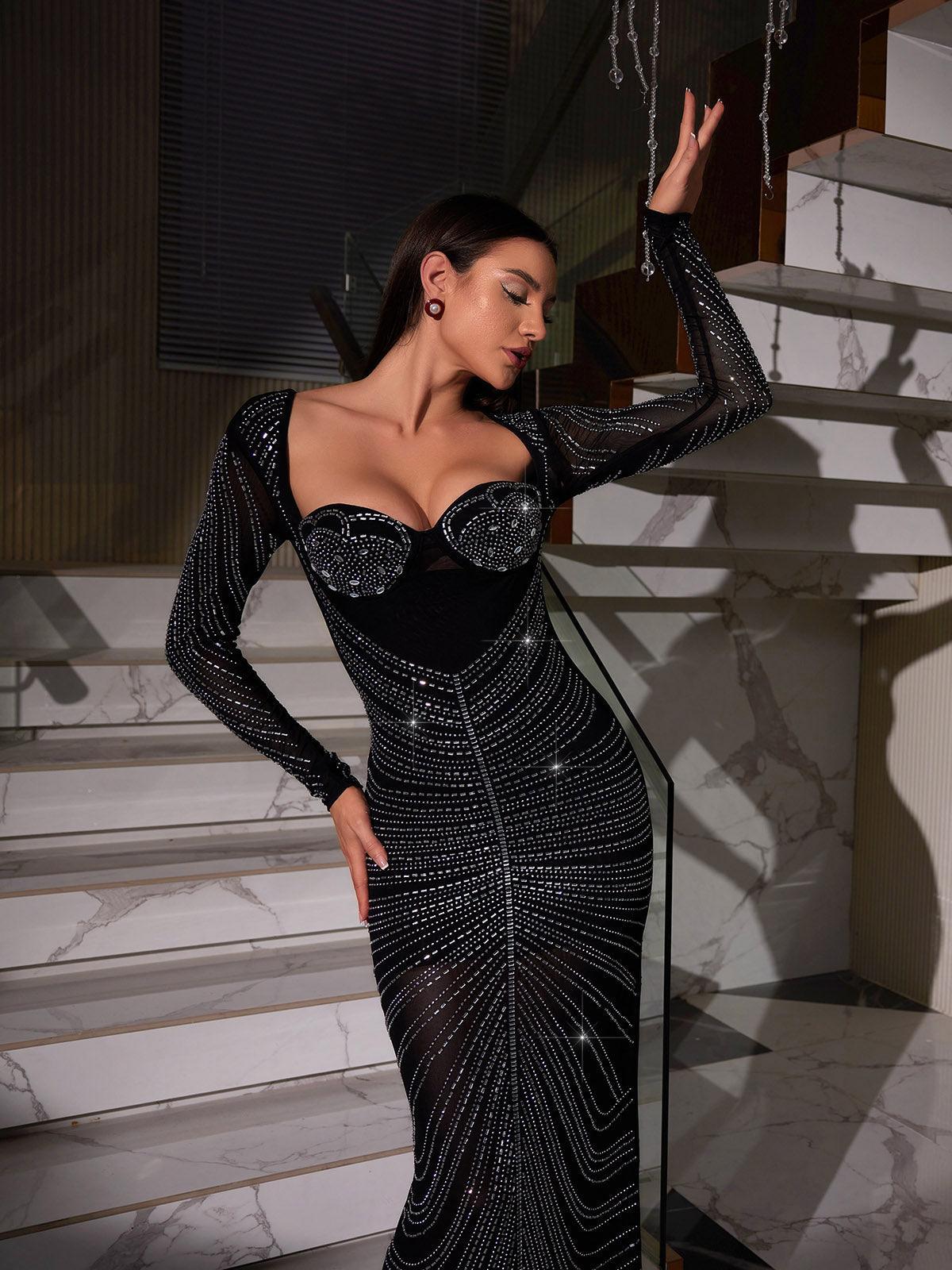 Lux Long Sleeve Crystal Maxi Dress