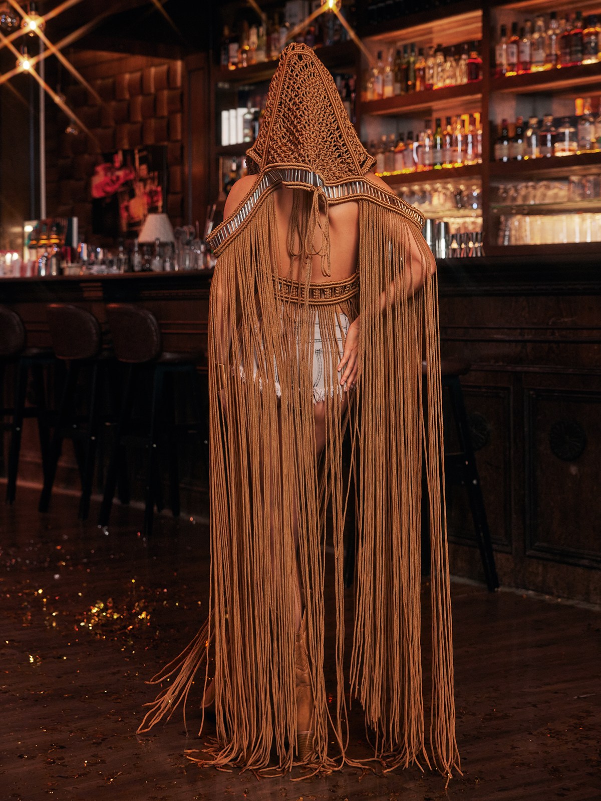 Luxyvar Fringe  Knitted Hooded Cover Up In Brown