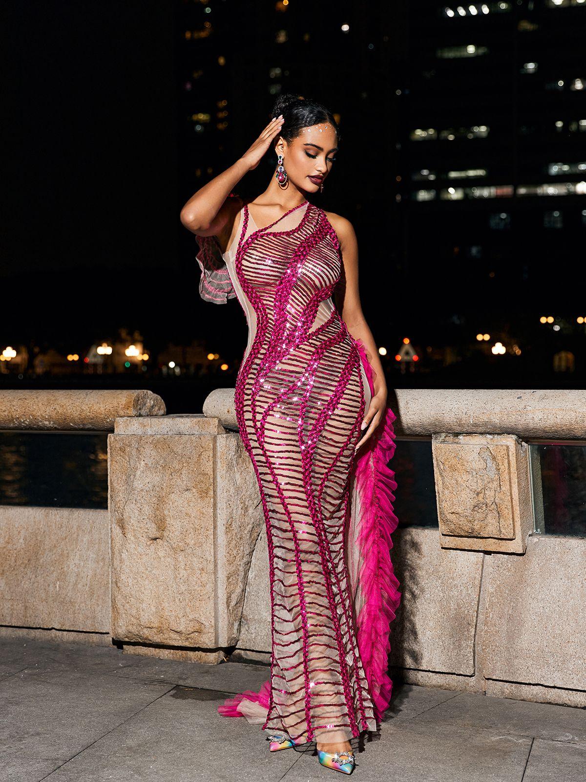 Lyda Draped Cutout Sequin Mesh Dress In Hot Pink