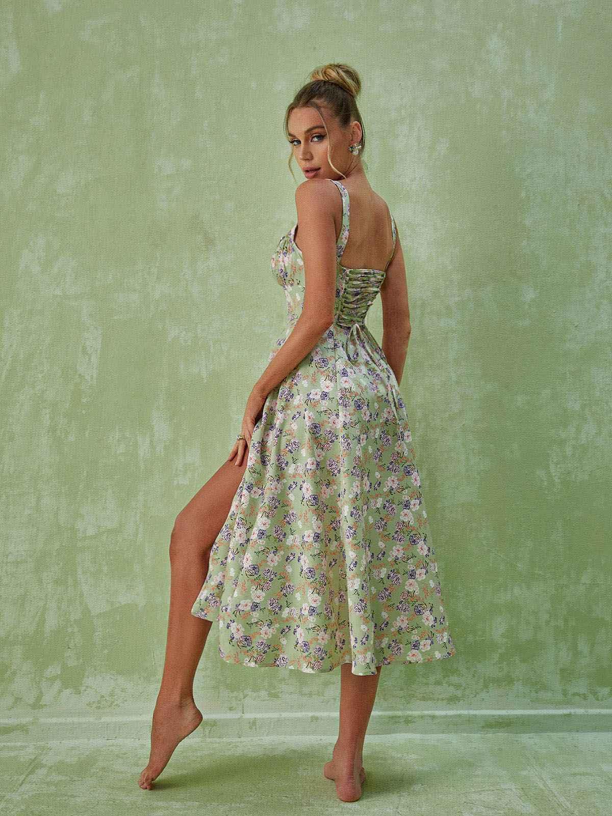 Maire Floral Split Midi Dress In Green
