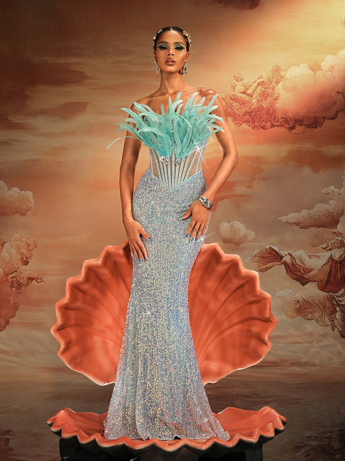 Mathis Strapless Feather Sequin Maxi Dress