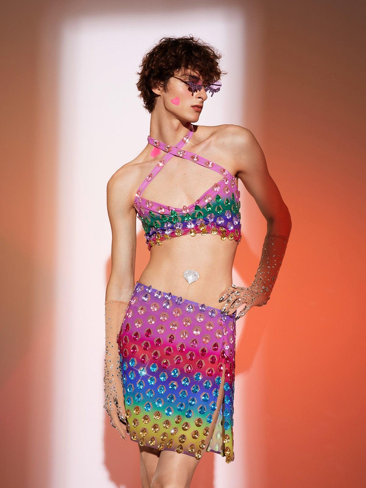 Micaiah Halterneck Rainbow Rhinestone Top Set