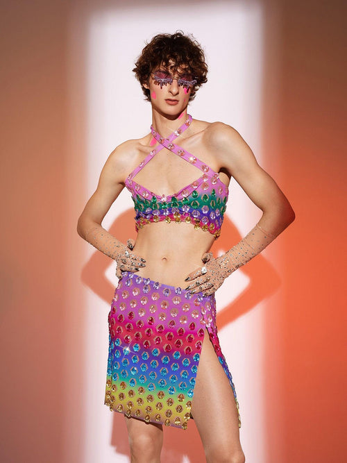 Micaiah Halterneck Rainbow Rhinestone Top Set