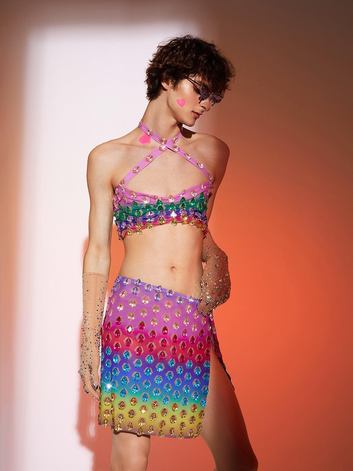 Micaiah Halterneck Rainbow Rhinestone Top Set