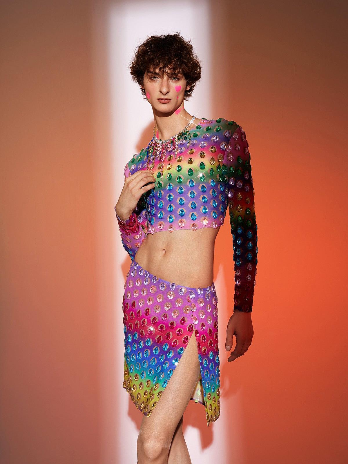 Micaiah Long Sleeve Rainbow Rhinestone Top Set