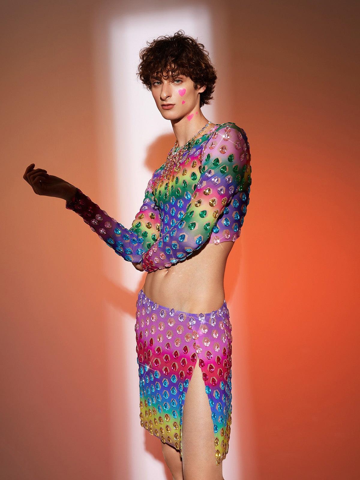 Micaiah Long Sleeve Rainbow Rhinestone Top Set