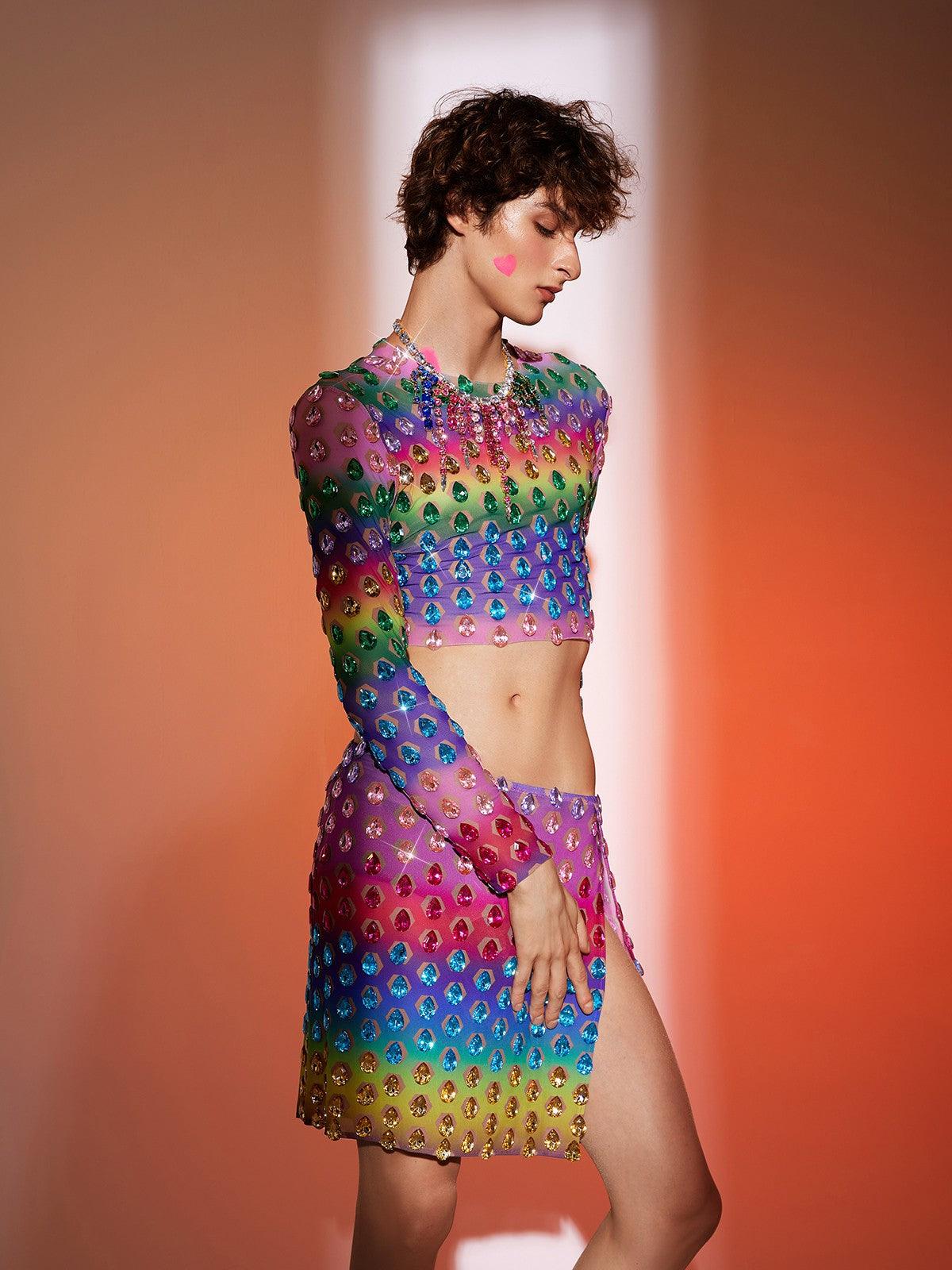 Micaiah Long Sleeve Rainbow Rhinestone Top Set