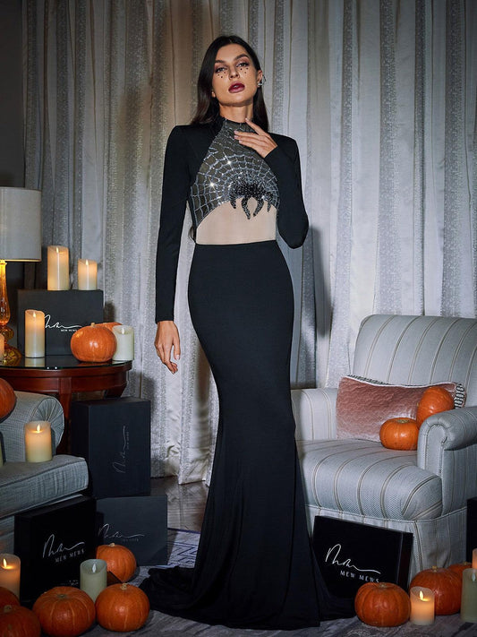 Mikki Long Sleeve Sequin Cobweb Maxi Dress