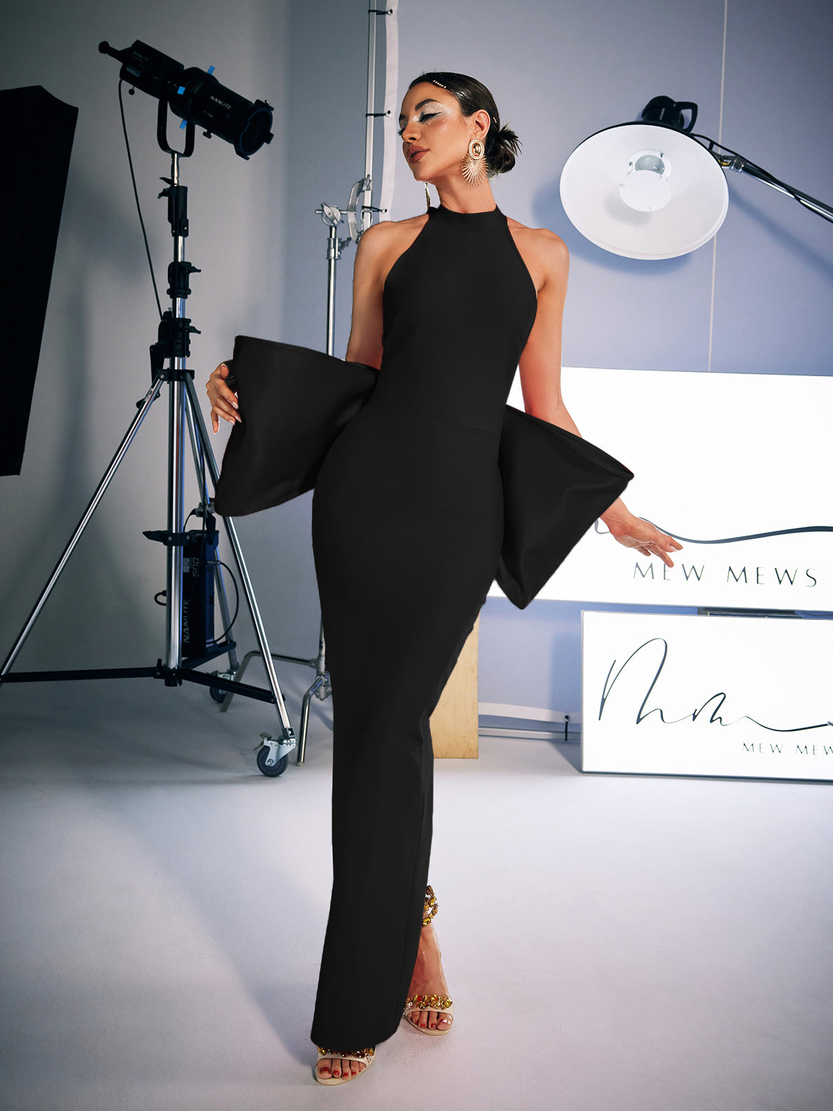 Milada Bow Bandage Split Dress In Black