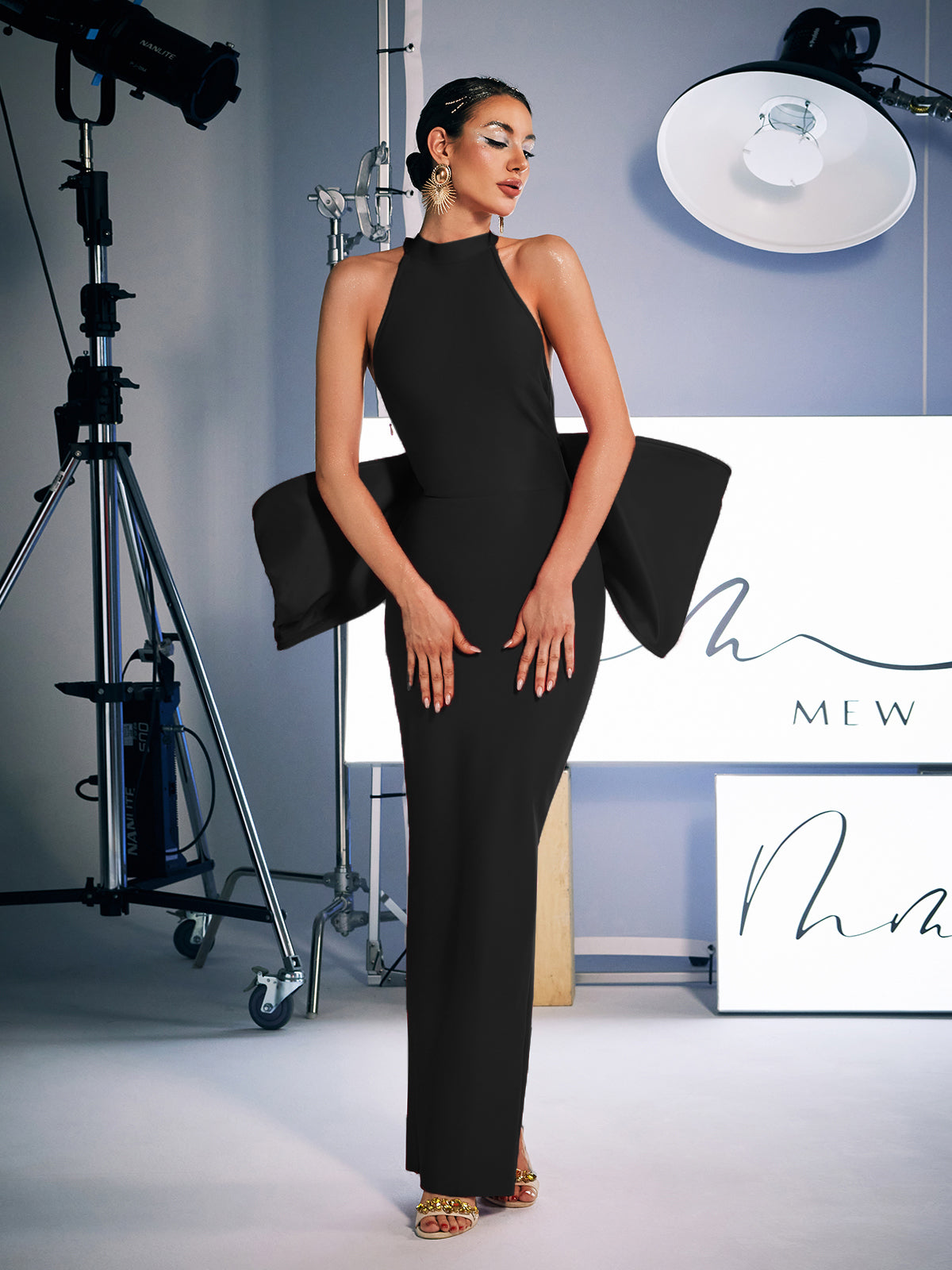 Milada Bow Bandage Split Dress In Black