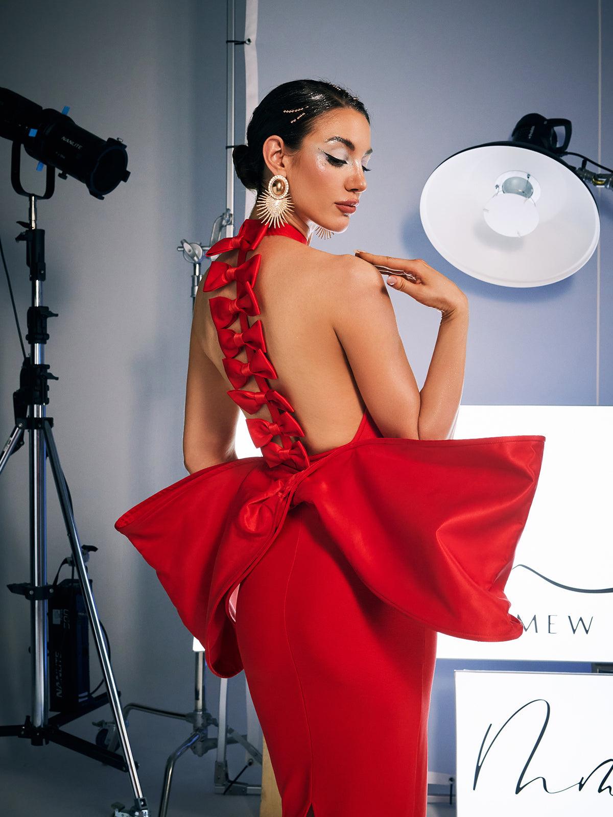 Milada Bow Bandage Split Dress In Red