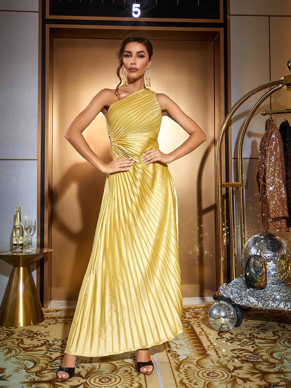 Miller One Shoulder Ruched Maxi Dress In Gold