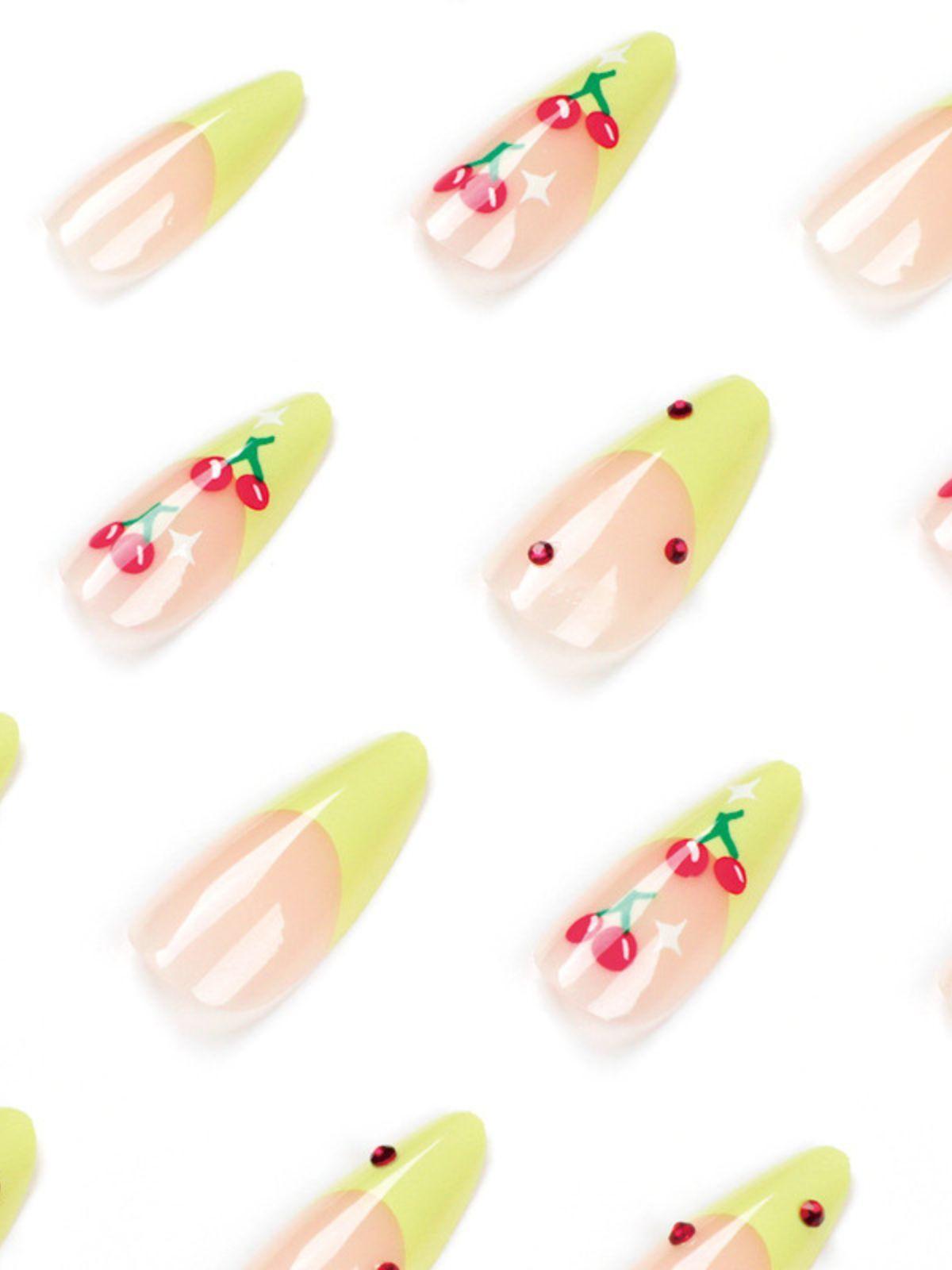 Cherry French Green Edge Press On Nails