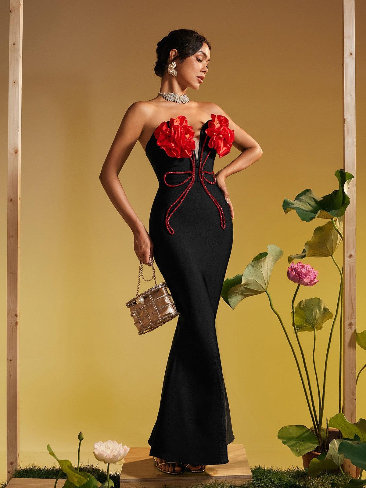 Musay Strapless Flower Crystal Maxi Dress