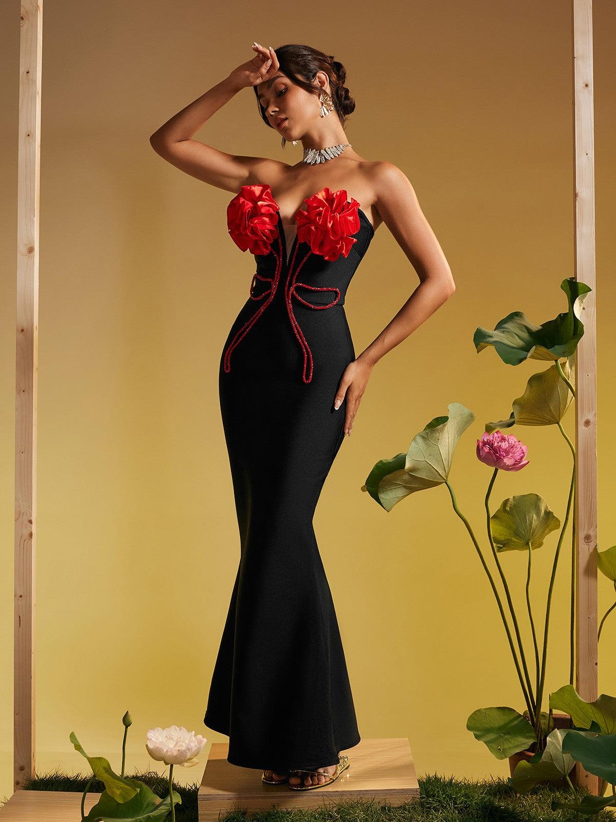 Musay Strapless Flower Crystal Maxi Dress