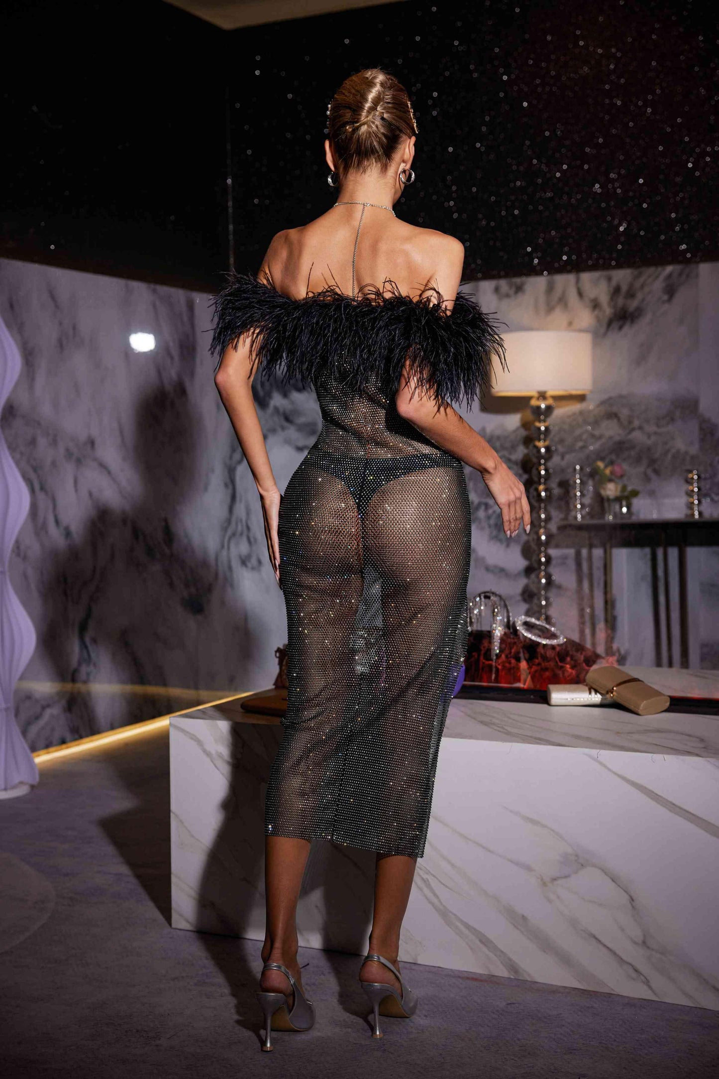 Myriam Feather Diamond Mesh Midi Dress