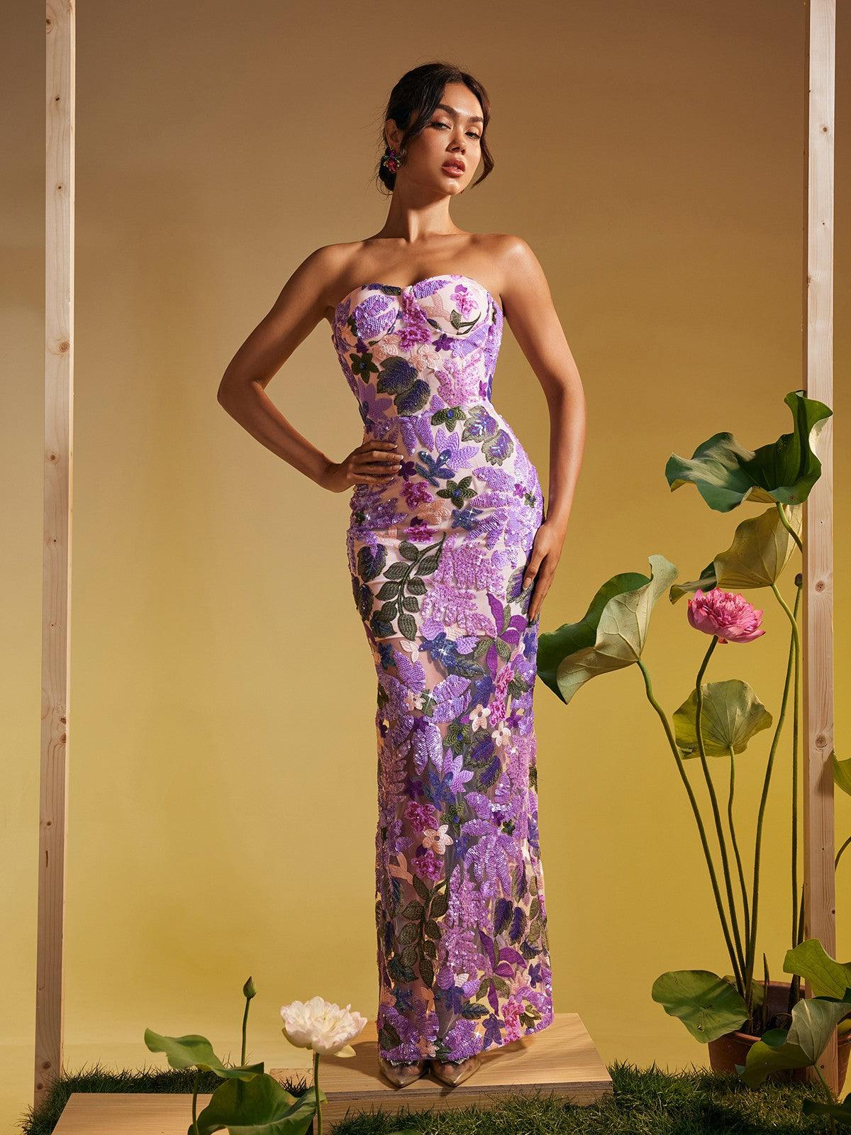 Nakoa Strapless Sequin Embroidered Maxi Dress