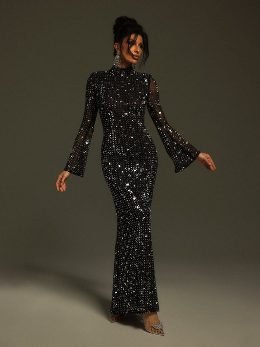 Natalja Long Sleeve Crystal Mesh Dress