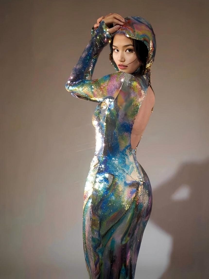 Nebraska Ombre Long Sleeve Hooded Maxi Dress In Blue