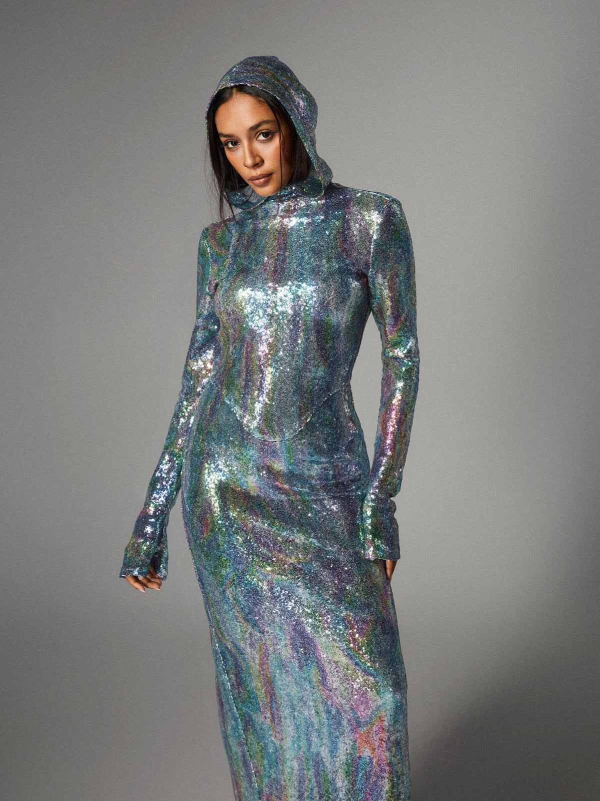 Nebraska Ombre Long Sleeve Hooded Maxi Dress In Light Blue