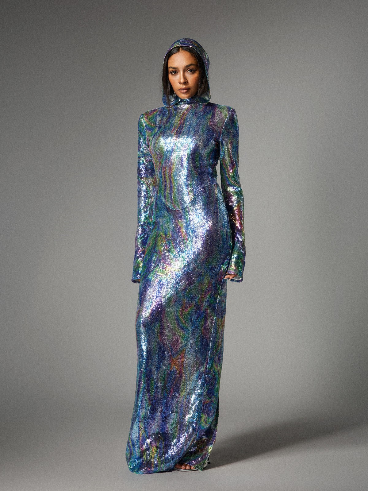 Nebraska Ombre Long Sleeve Hooded Maxi Dress In Blue