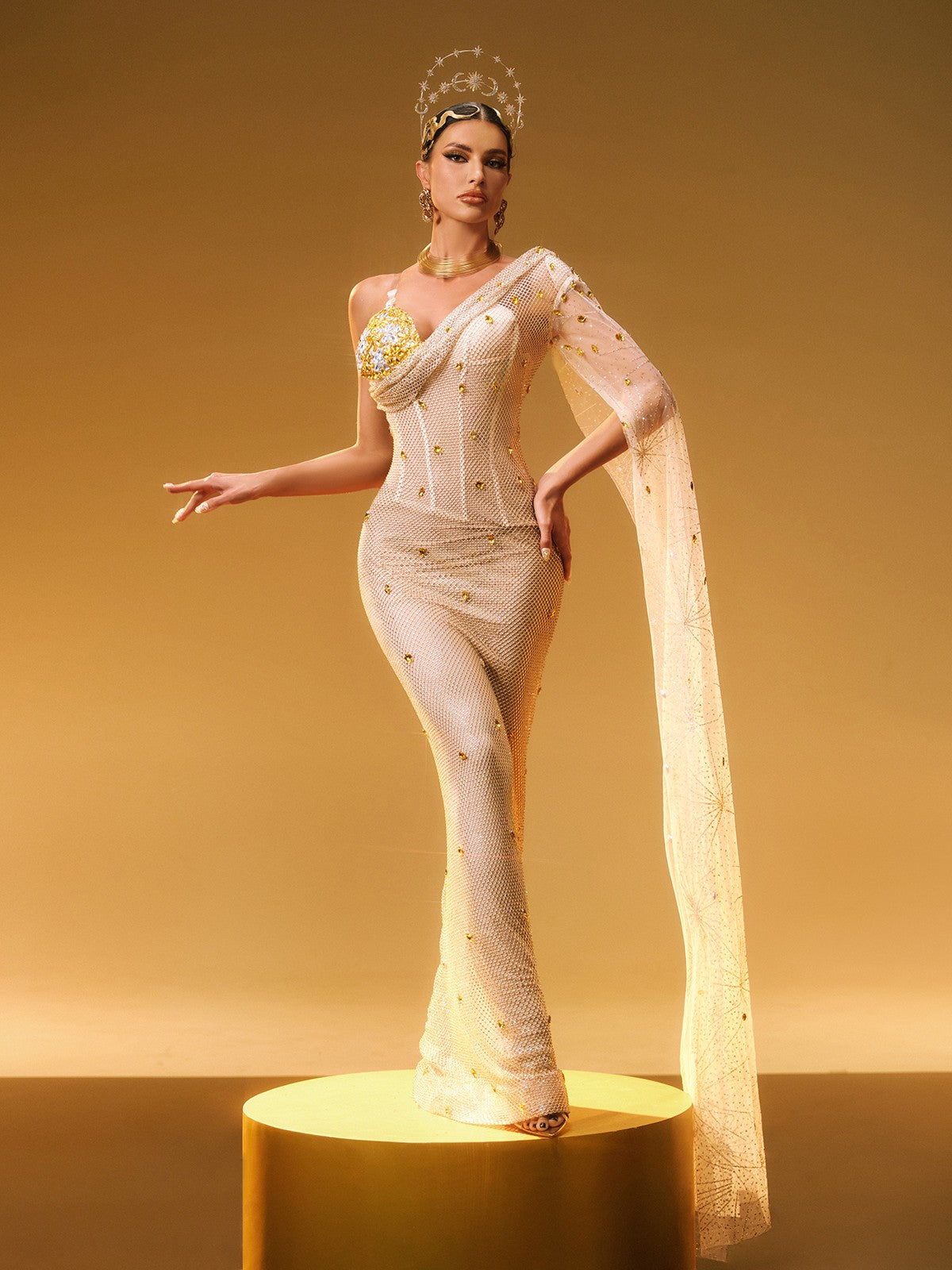 Nebulae One Shoulder Rhinestone Maxi Dress