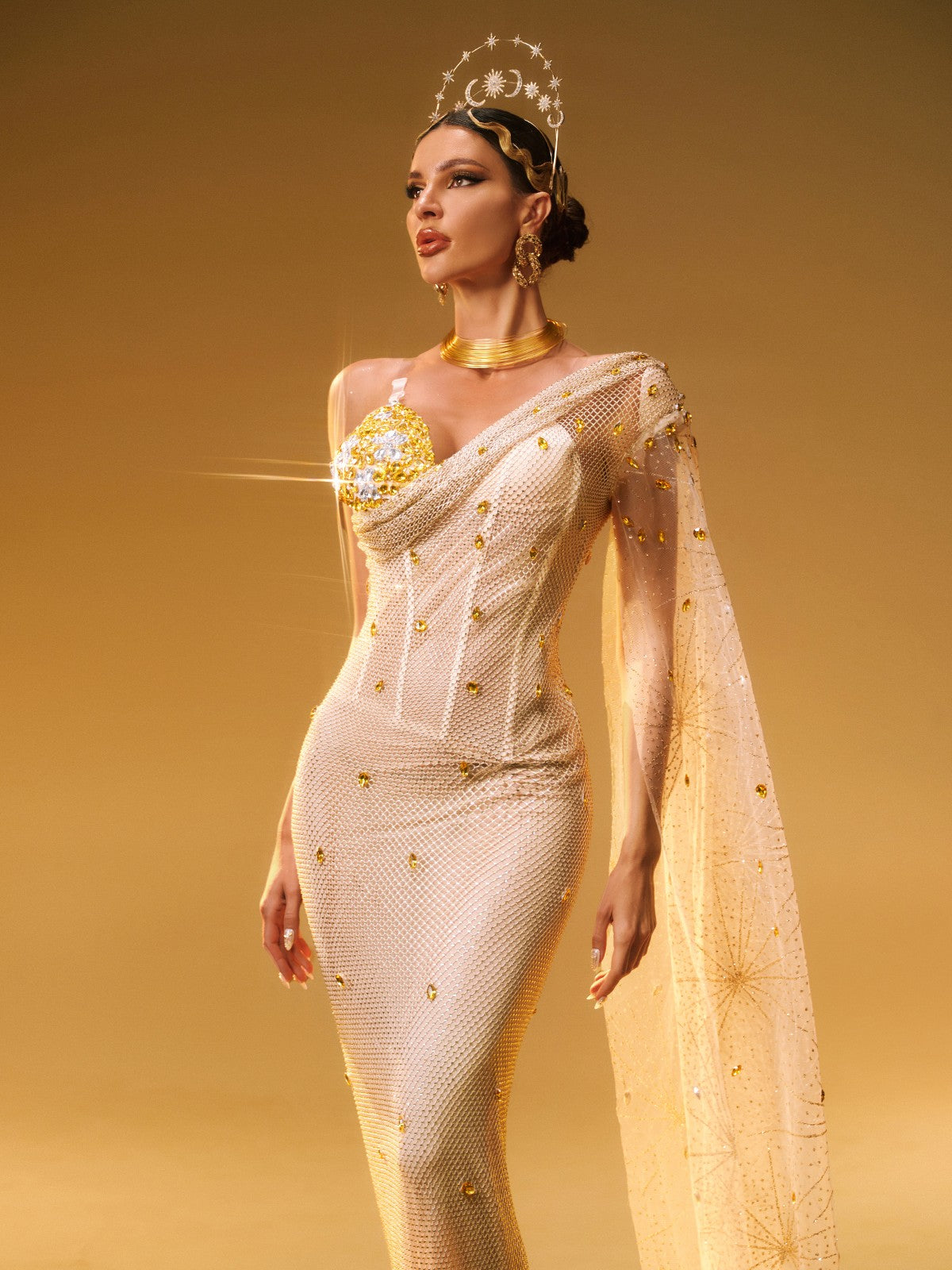 Nebulae One Shoulder Rhinestone Maxi Dress