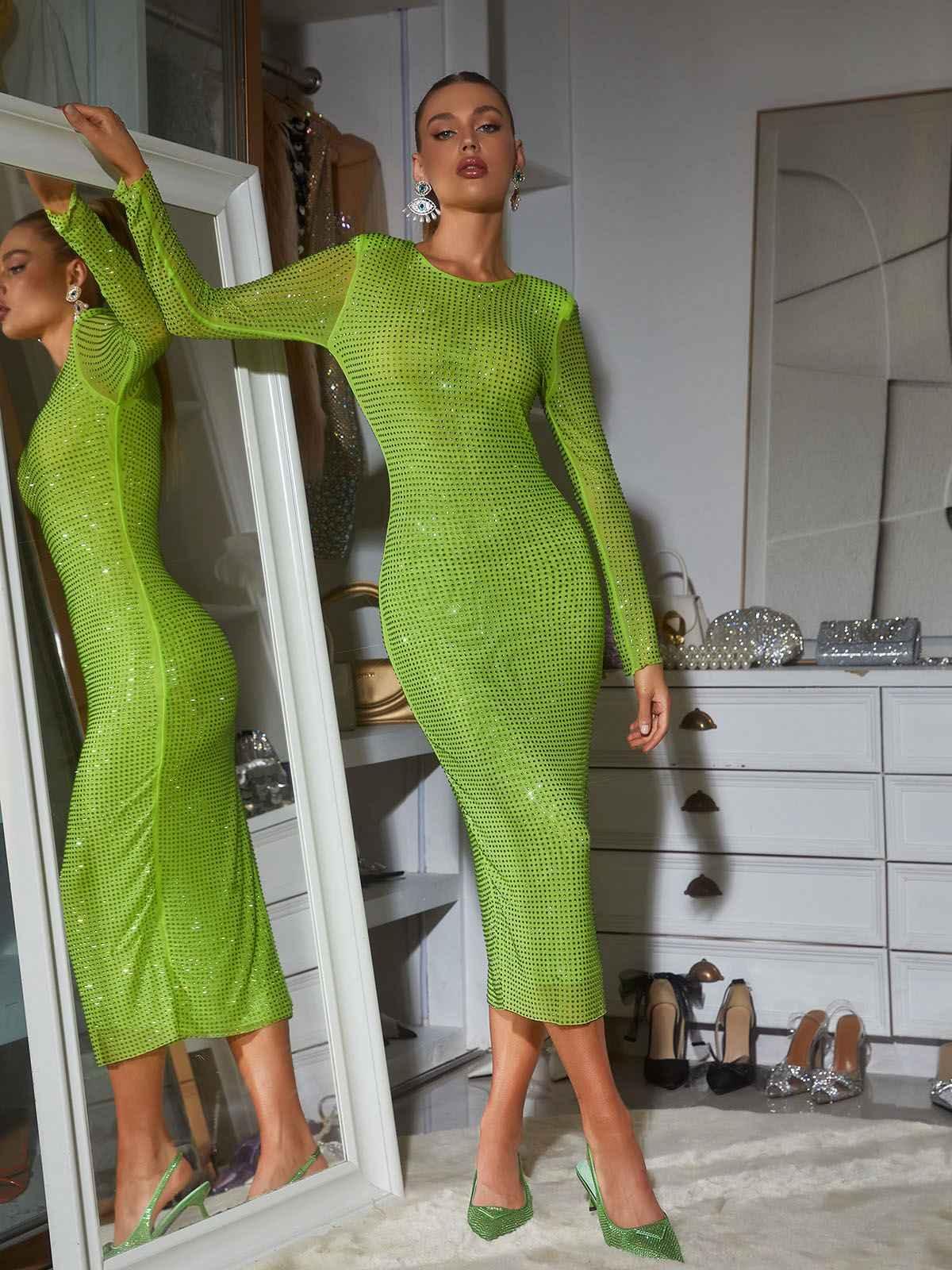 Neriah Long Sleeve Crystal Midi Dress In Green