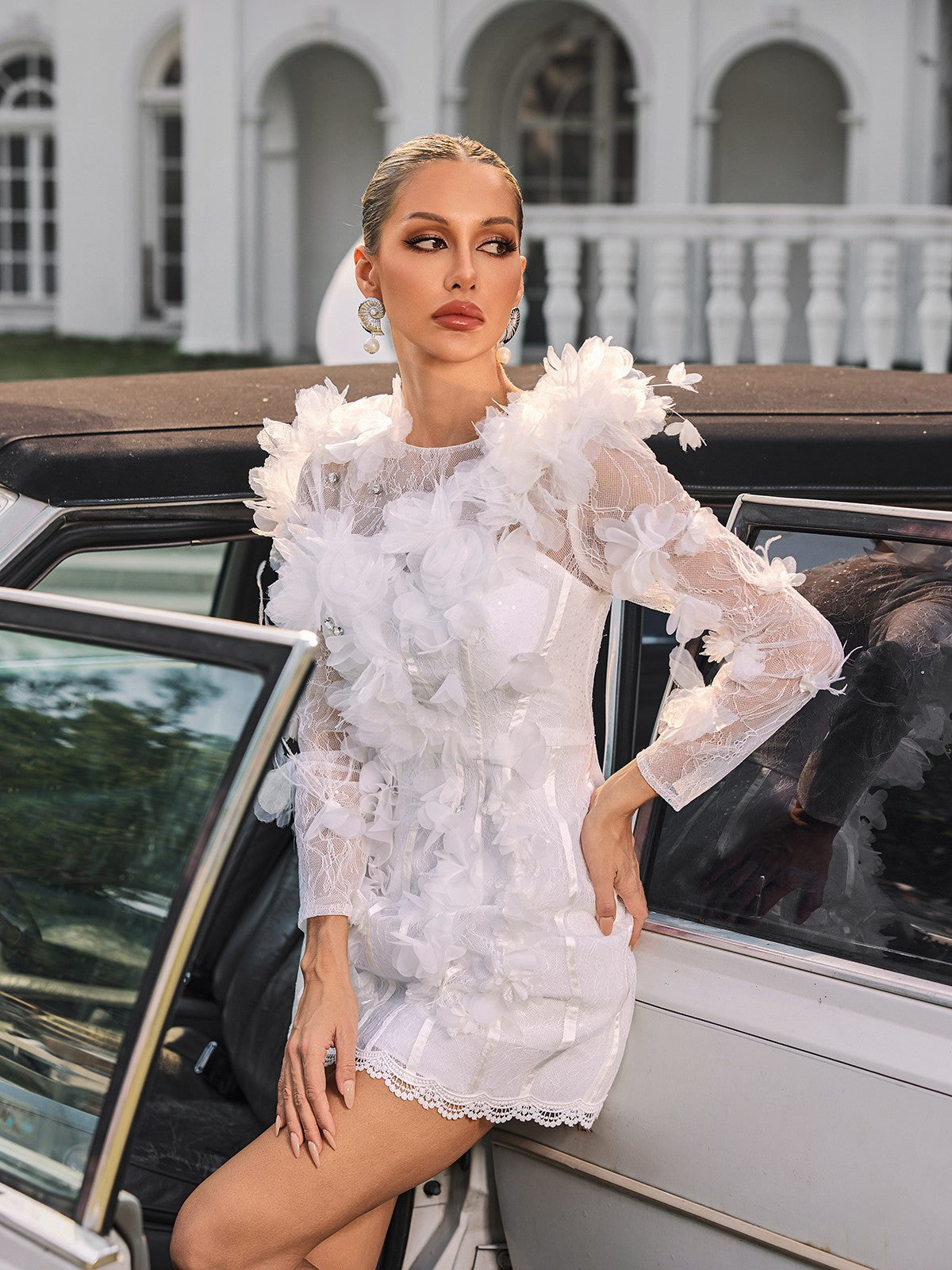 Nexara Long Sleeve Flower Trimmed Mini Dress