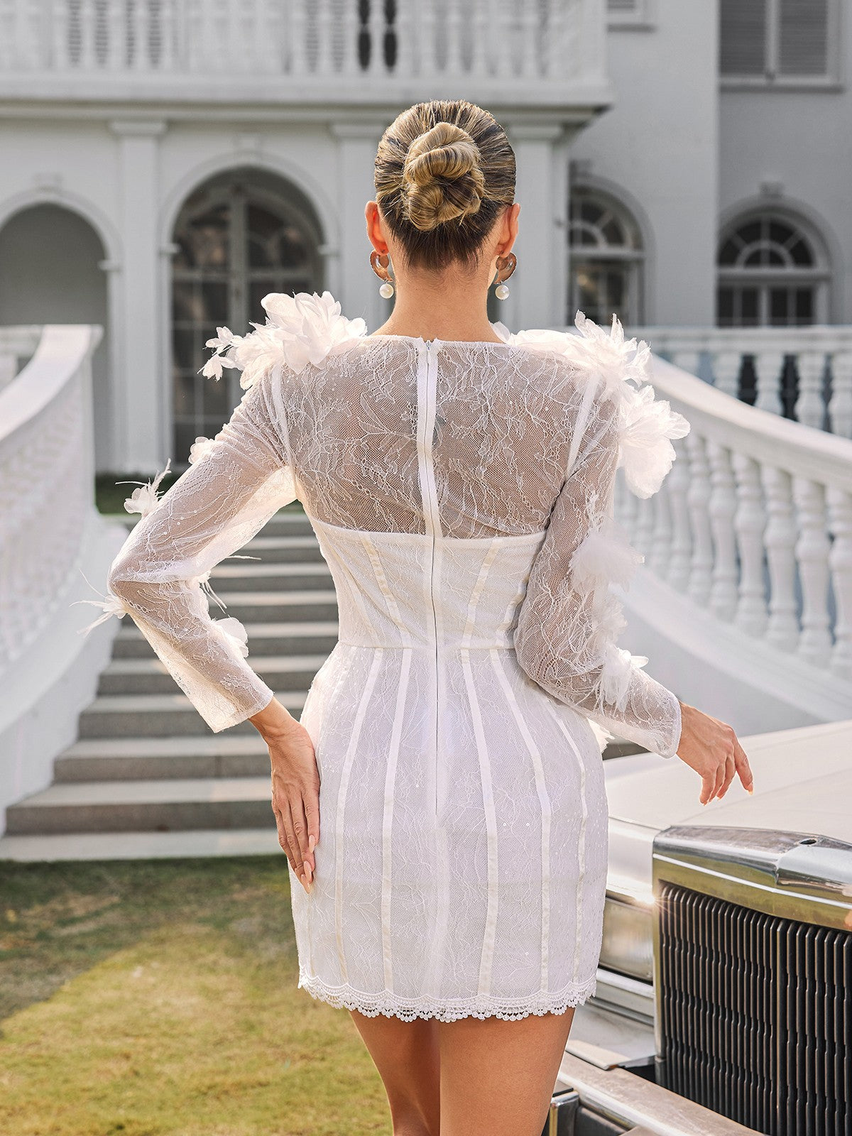 Nexara Long Sleeve Flower Trimmed Mini Dress