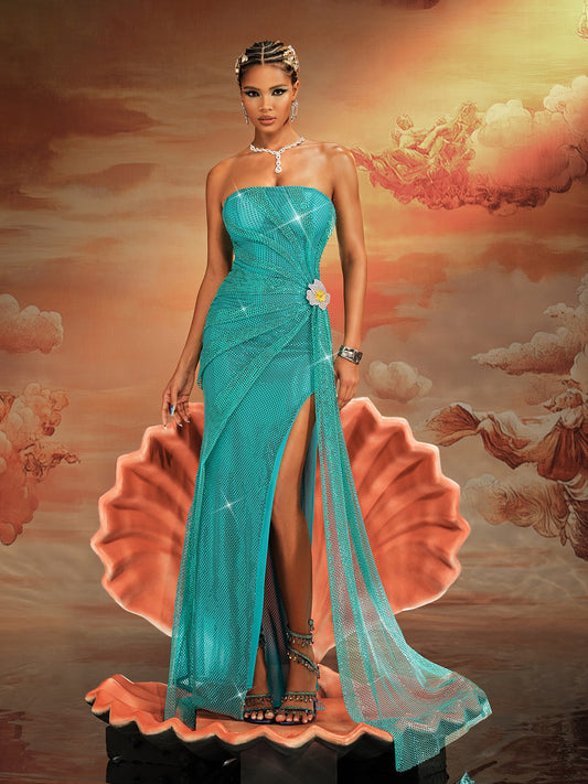 Norbert Strapless Ruched Split Maxi Dress